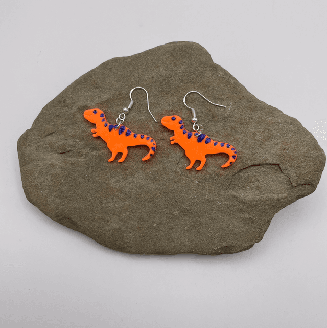Orange &amp; blue T-Rex earrings 