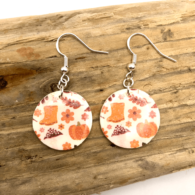 Pumpkins and wellies glazed disc danglies